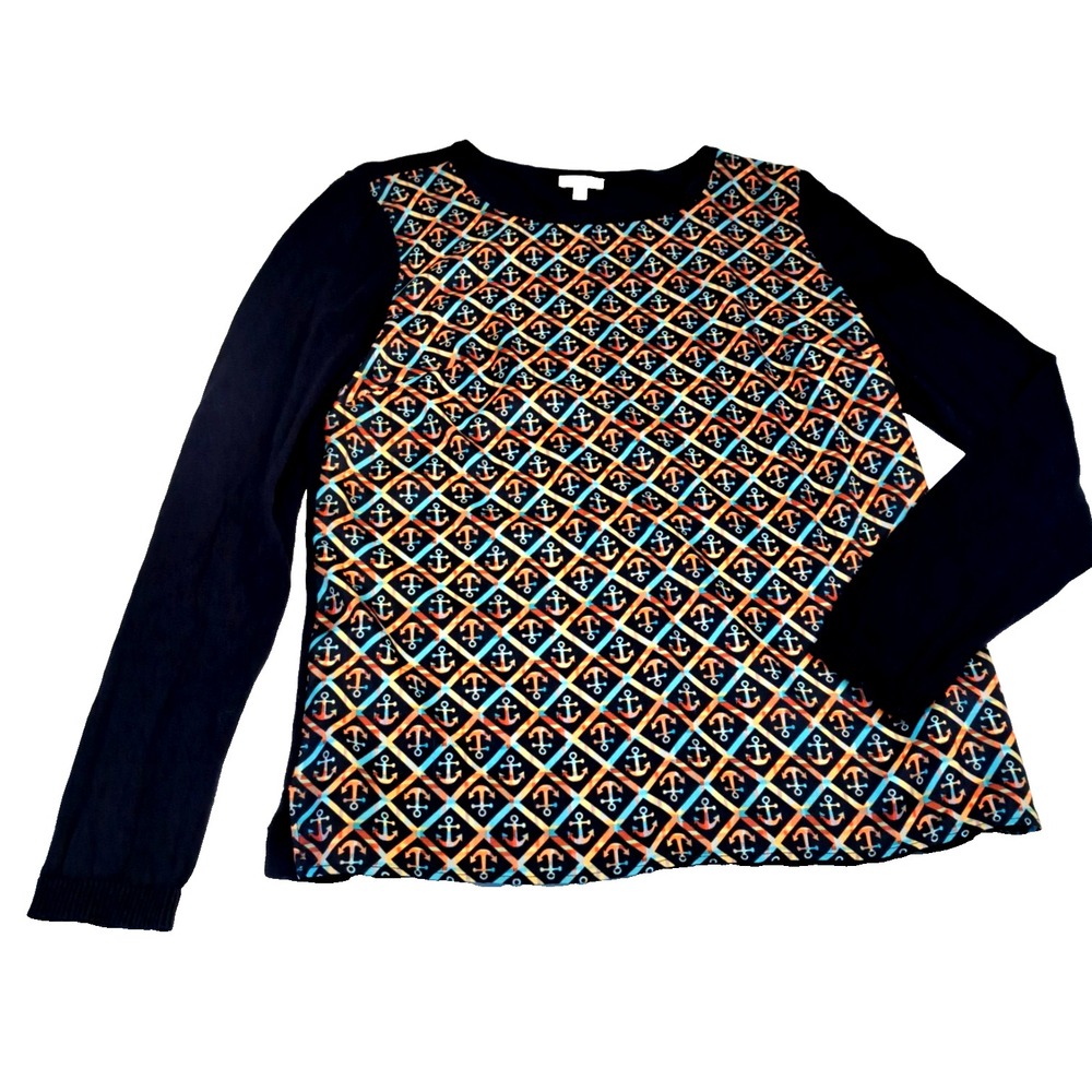 Talbots Women's S Nautical Anchors / Navy Pullover Crew Neck Long Sleeve
